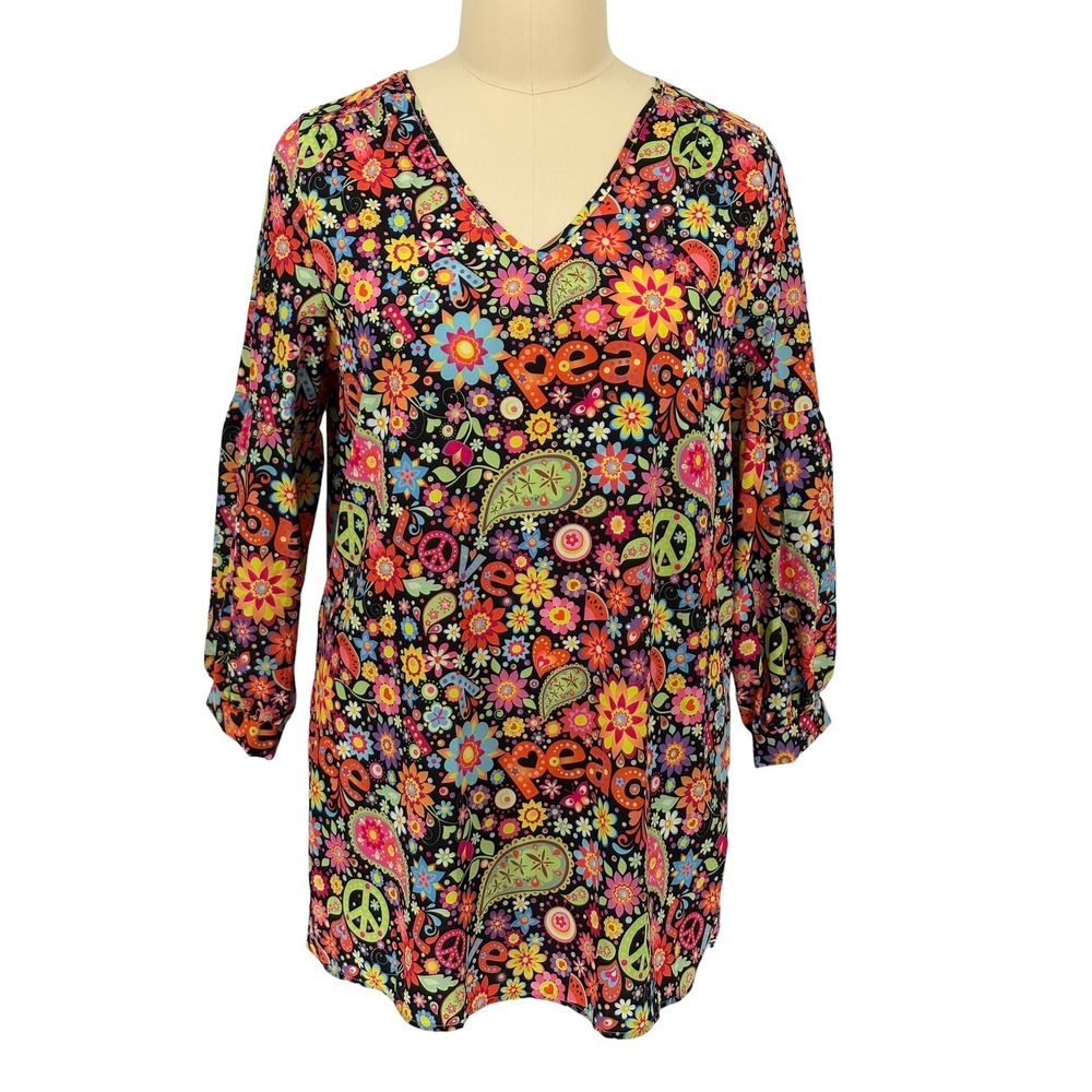 Unbranded Tunic Top Multicolor Peace Love Paisley Floral Print 2XL